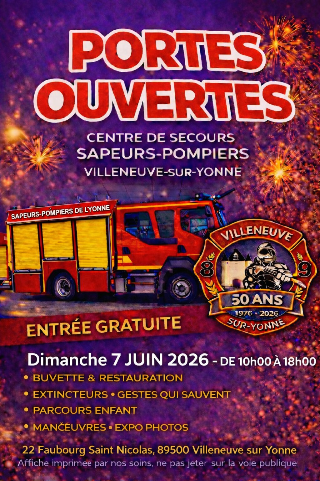 Affiche Portes Ouvertes Pompiers Villeneuve sur yonne 2026